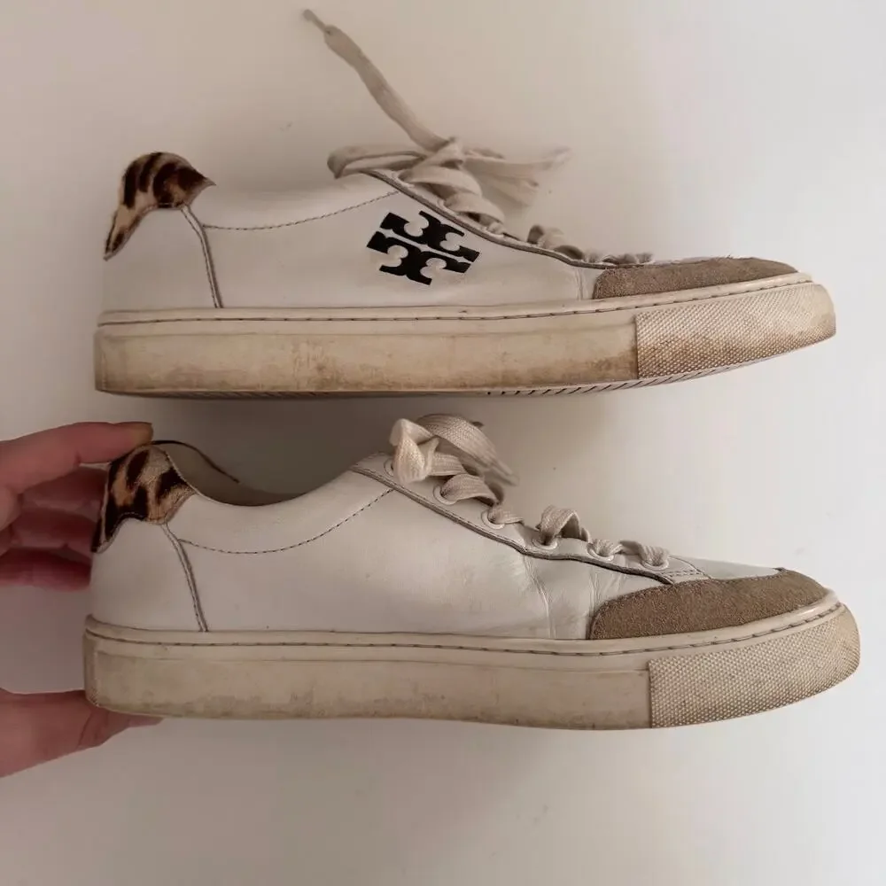 Tory Burch White Leather Andrea Color Block Logo Court Sneakers Womens Size 8
